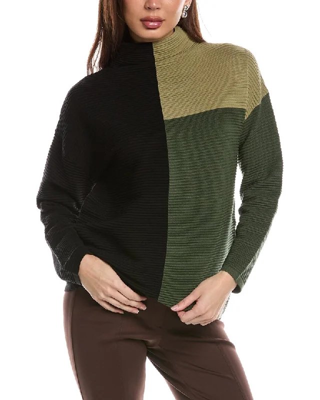 T Tahari Funnel Neck Colorblocked Rib Pullover Stylish Women's Neon