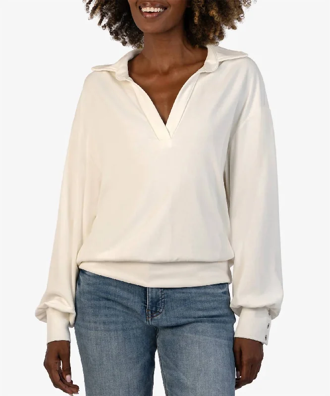 Audrina Johnny Collar Pullover Sweater In Ivory Scandinavian