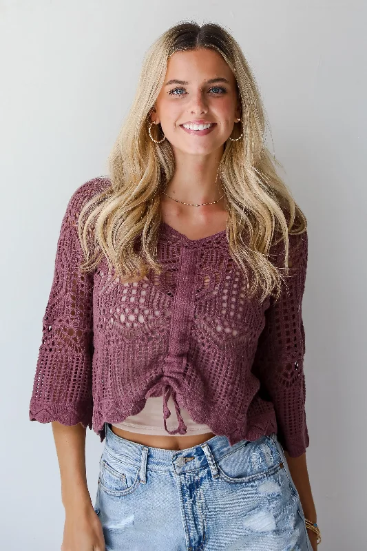 FINAL SALE - Modern Status Plum Crochet Knit Top Hip Women's Retro