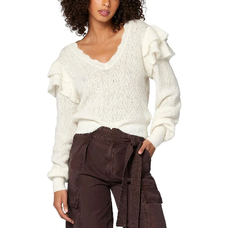 Womens Ruffled V-Neck Pullover Sweater Sleek Women's Metallic