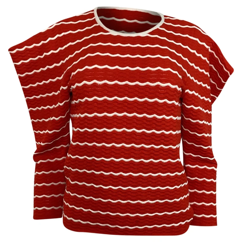 Carolina Herrera Ruffled Striped Pointelle-Knit Top in Red Viscose Business