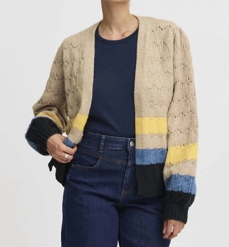 Bynillo Knit Petal Texture Striped Cardigan In Taupe Mix Elegant Women's 