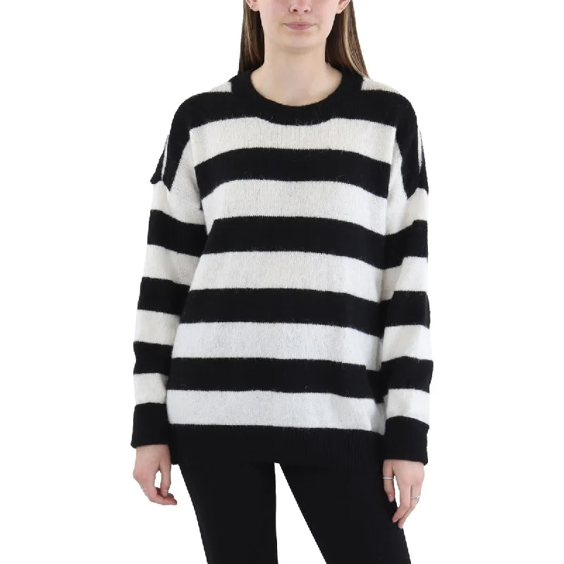 Petites Womens Ribbed Trim Fuzzy Crewneck Sweater Disco