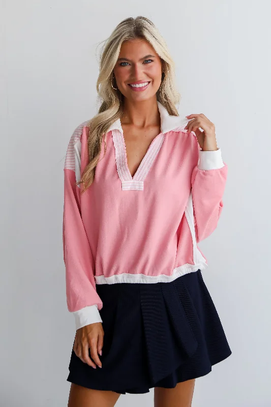 FINAL SALE - Charming Element Pink Collared Top Traditional Women's Wool