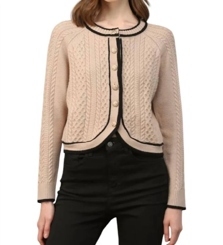 Bailey Cable Knit Cardigan With Contrast Trim In Taupe/black Streetwear Style for 