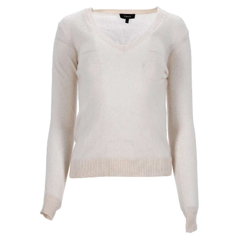 Theory Knitted V-Neck Sweater in Cream Cashmere Sophisticated Women's 