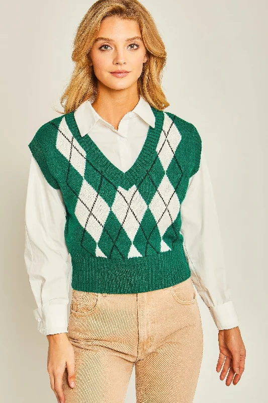 FASHNZFAB Women's Argyle Print Sweater Vest Cool Women's Skate