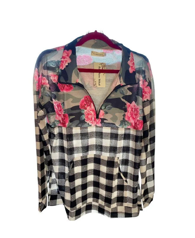 Checkered Pullover Top In Black/white Multi Feminine Women's Style 
