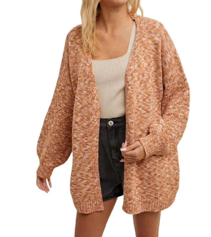 Long Sleeve Sweater Cardigan In Heathered Camel Relaxed Women's Beachy