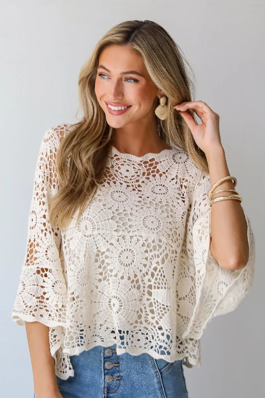 Sincerely Marvelous Ivory Crochet Knit Top Disco