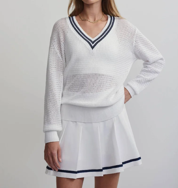 Hadley Knit Sweater In White/blue Nights Sophisticated Women's Tailored