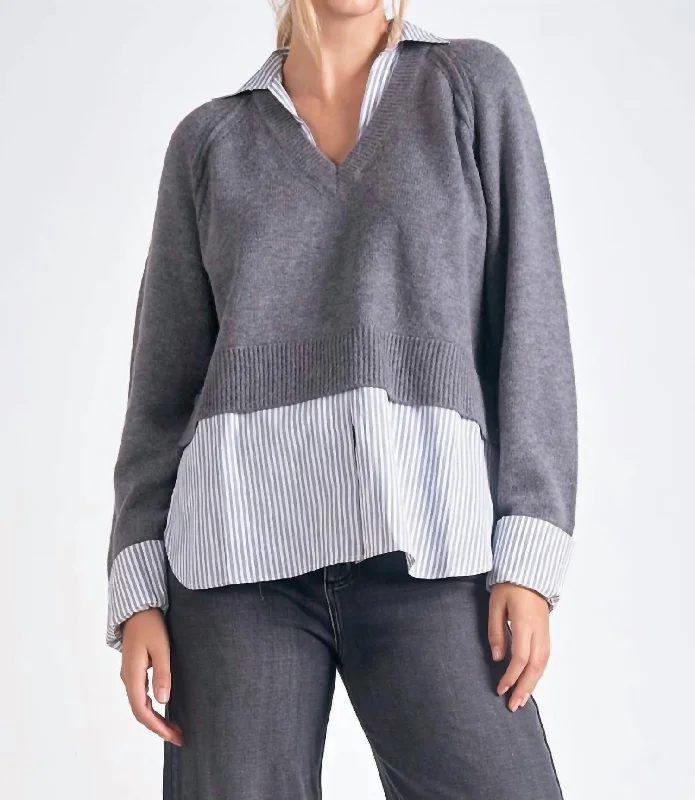 Stevie Layered Sweater/striped Shirt Combo In Chacoal Cozy Women's Sherpa - lined