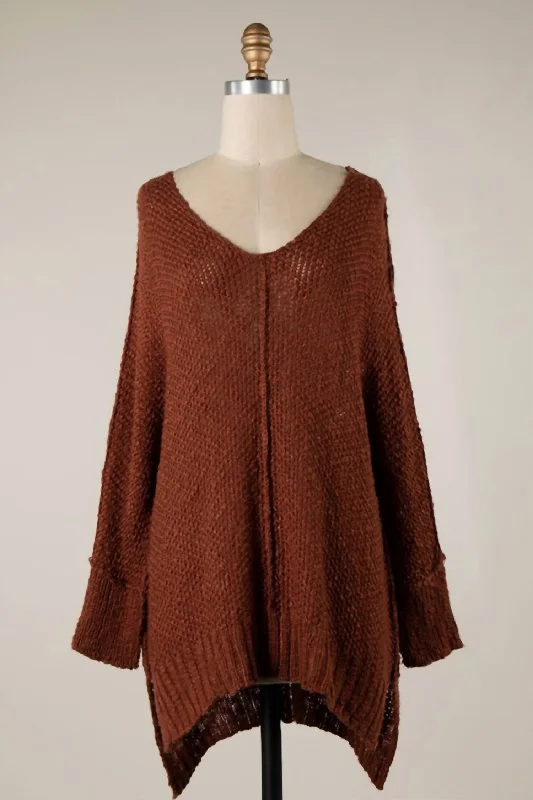 V Neck Two Toned Cable Knit Sweater In Red Bean Monochromatic All - in - one