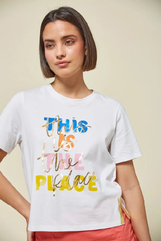 Md'M White Printed This Is The Place T Shirt Cool Women's Distressed