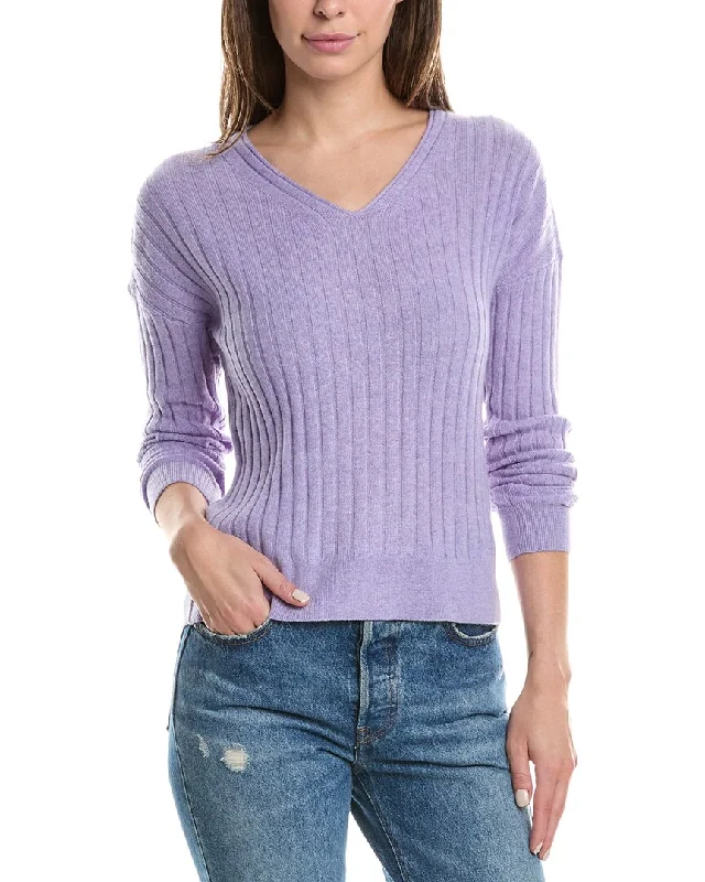 Forte Cashmere Panel Rib V-Neck Cashmere Sweater Preppy Women's College