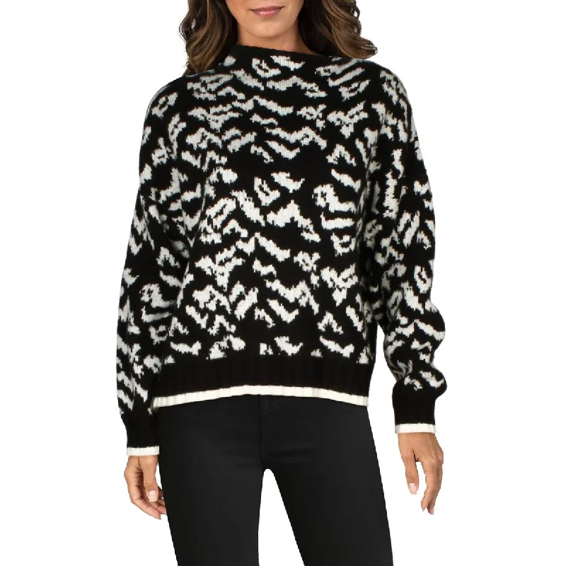 Womens Cable Knit Printed Mock Turtleneck Sweater Bold Women's Animal Print