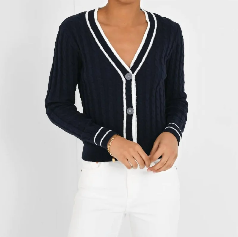 Cable Varsity Cardigan In Navy Sleek Women's 