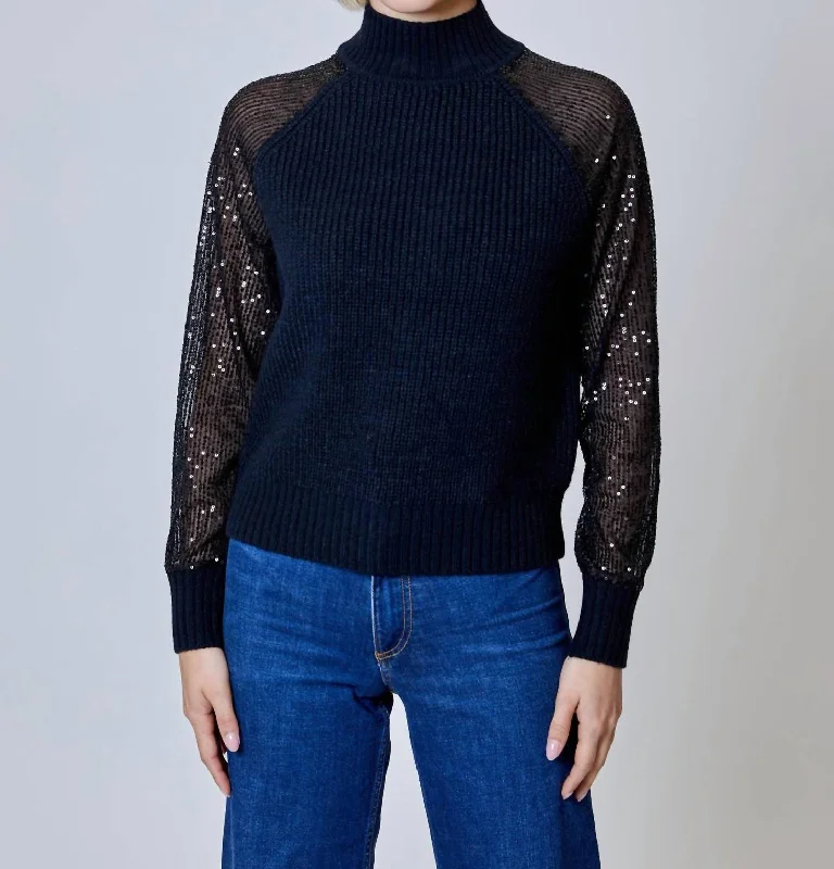 Mixed Media Long Sleeve Sweater In Black Youthful Women's Anime - inspired