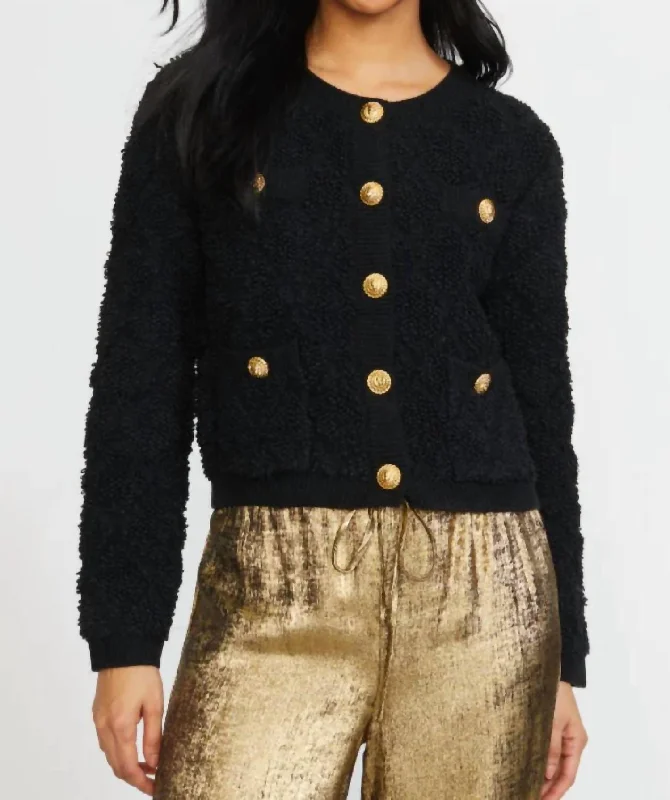 Textured Sweater Cardigan In Black Hip Women's Retro