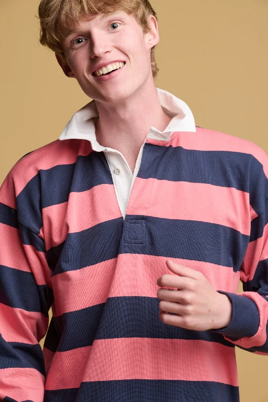 Narrow Stripe Rugby Shirt - Navy/Cerise Laid - back Women's Style