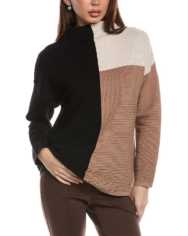 T Tahari Funnel Neck Colorblocked Rib Pullover Sustainable Organic