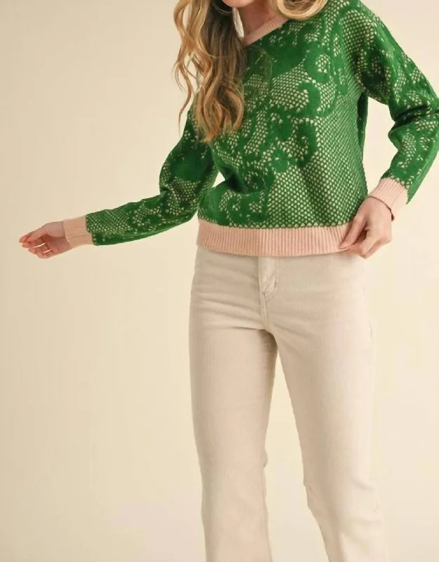Lace Knit Pattern Sweater In Green Stylish Women's Tropical 