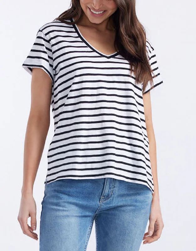 Turn Back V Neck T-Shirt - White/Black Stripe Bold Women's Statement