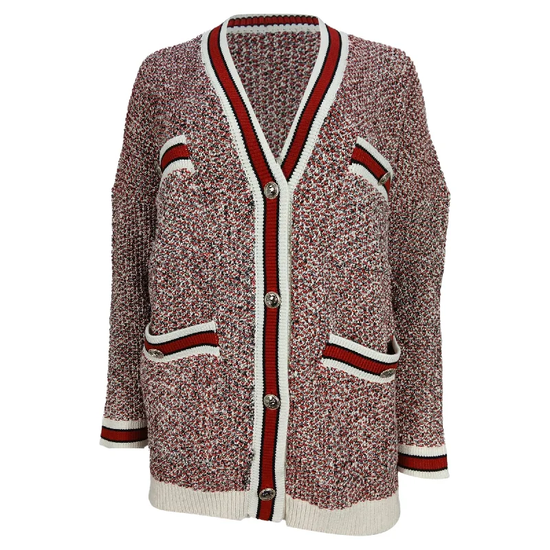Maje Knitted Button-Front Cardigan in Red and White Cotton Blend Cool Women's Distressed