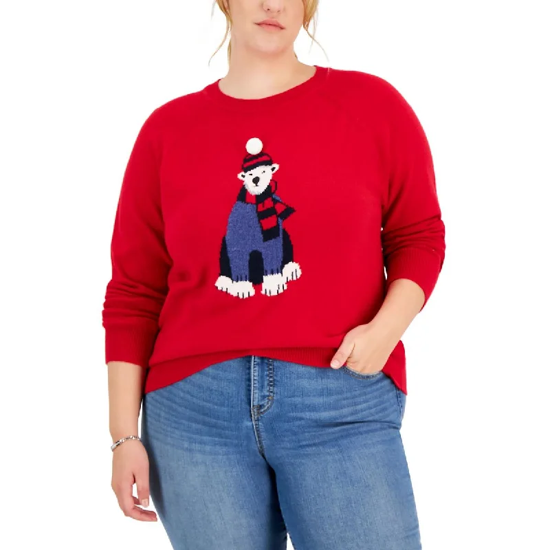 Plus Womens Wool Blend Ribbed Trim Christmas Sweater Classic Women's Pin - striped
