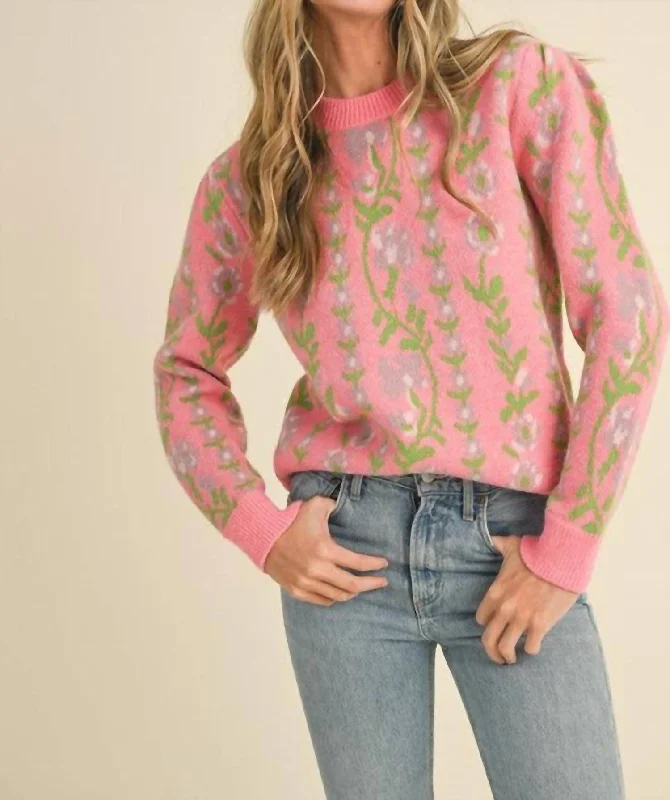 Floral Knit Pattern Sweater In Pink Street