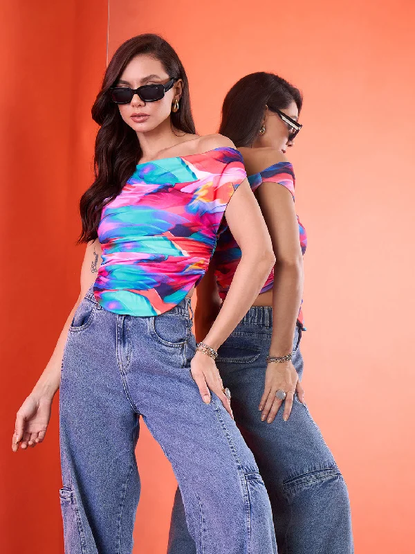 Printed Cotton Stretchable Draped Crop Top Modern Women's 