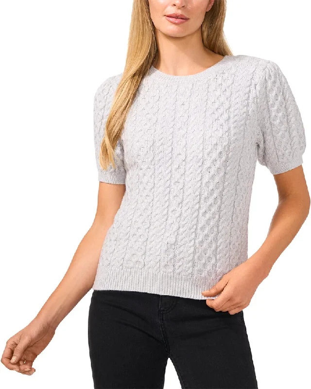 CeCe Puff Sleeve Mixed Cable Knit Sweater Street