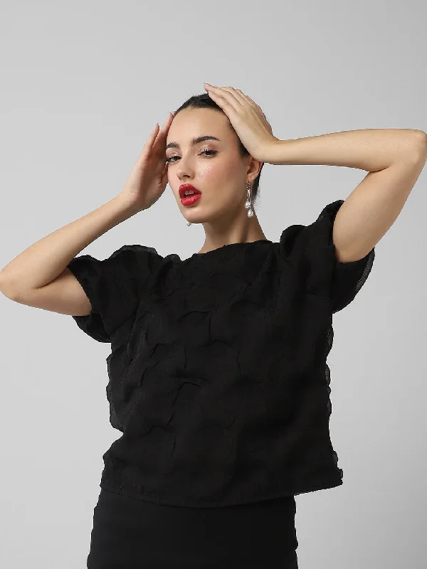 Women Black Solid Top Cool Women's Distressed