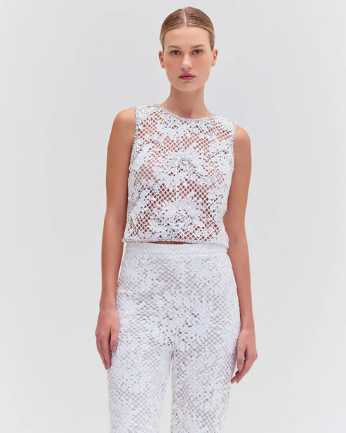 Hand Beaded Lace Top - White Hip Women's Retro