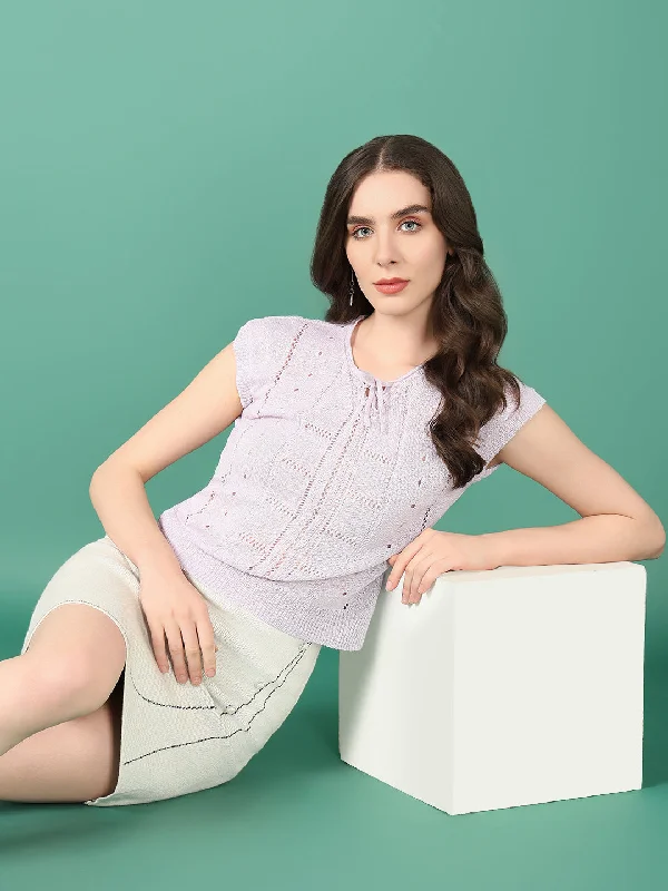 Women Lavender Solid Crochet Top Sporty Women's Athleisure 