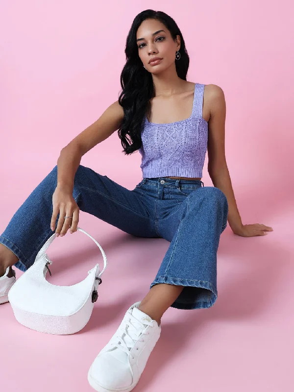 Women Lavender Solid Crochet Crop Top Relaxed Women's 