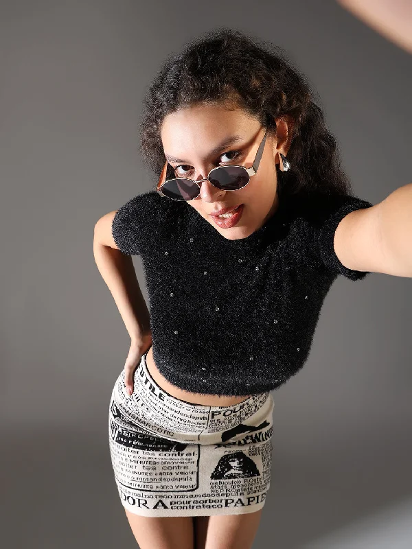 Women Black Solid Crop Top Hip Women's Retro
