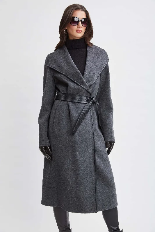 Tahari Double Face Wool Vegan Leather Trim Coat Hip Women's Retro