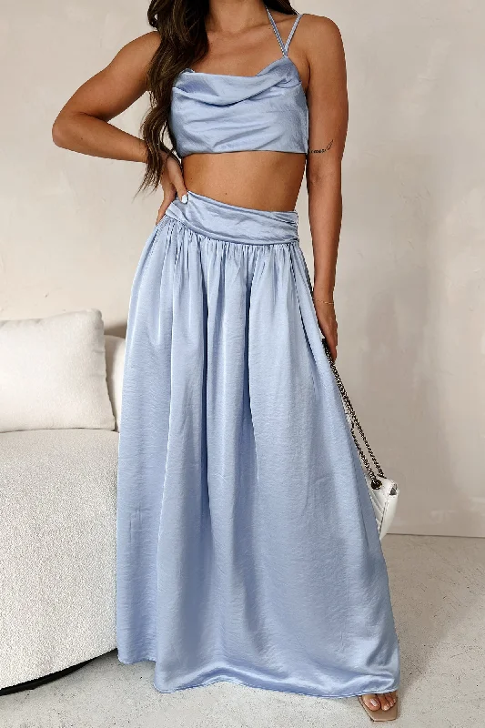 Sophisticated Beauty Satin Two-Piece Skirt Set (Light Blue) Street