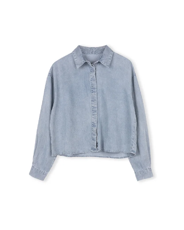 Denim Cropped Washed Blouse Dapper Women's Bow - adorned