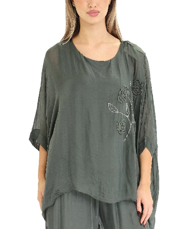 Silk Hanky Hem Top w/ Floral Embroidery Bohemian Women's Free
