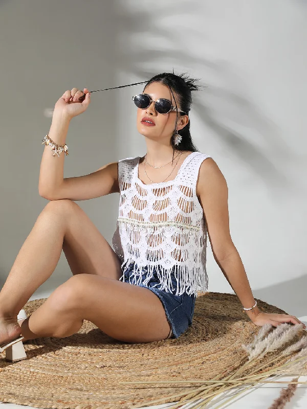 Women White Solid Crop Crochet Top Sleek Women's Metallic