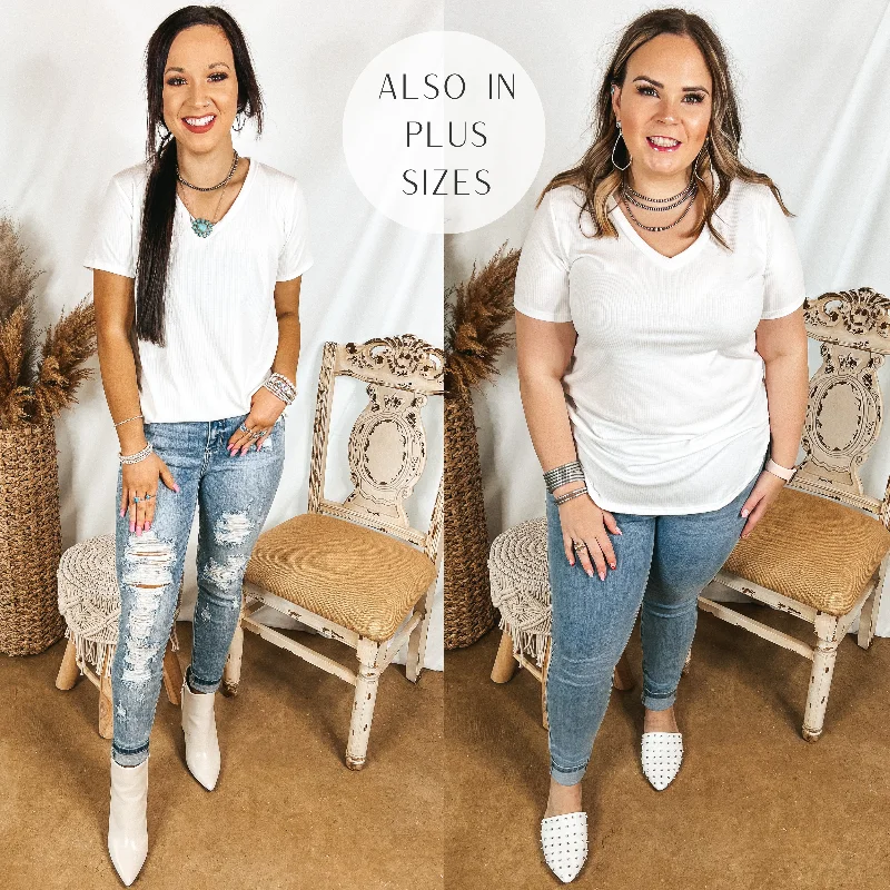 Simply Obsessed Ribbed Short Sleeve V Neck Top in Off White Adventure