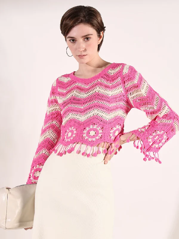 Women Pink Geometric Crochet Top Laid - back Women's Style