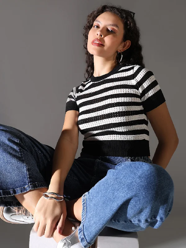 Women Black Striped Crop Top Contemporary 