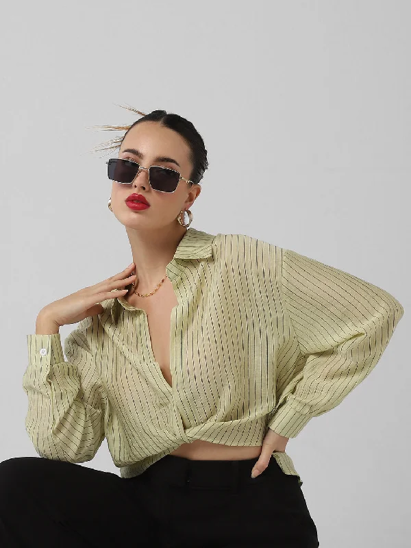 Women Green Striped Shirt Style Crop Top Scandinavian