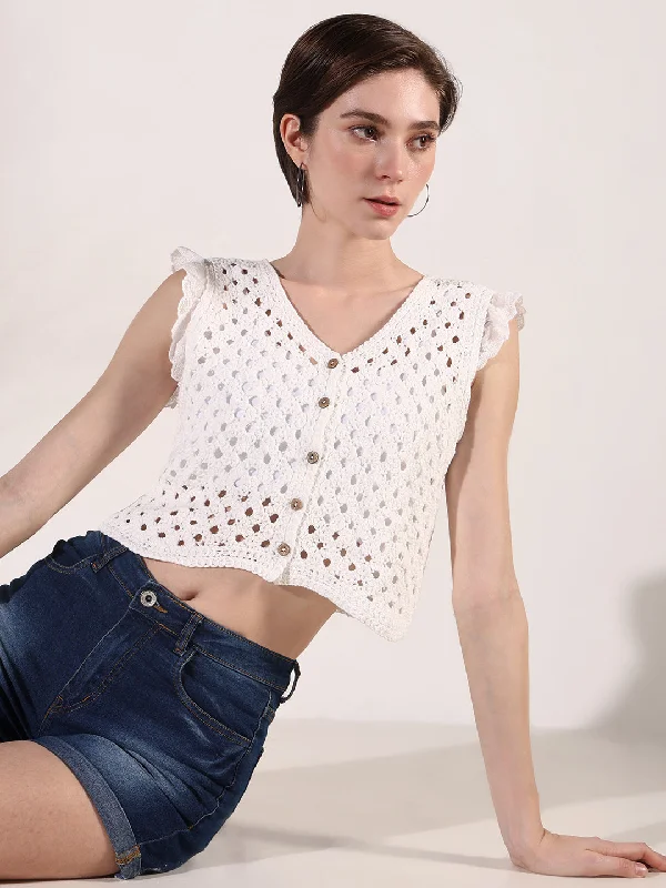 Women Off White Solid Crochet Crop Top Dapper Women's 1920S