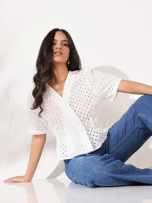 Women Off White Solid Crochet Top Laid - back Women's Vibe