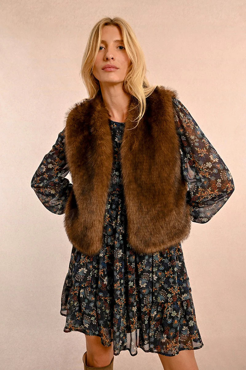 Long Haired Sleeveless Vest - Brown French