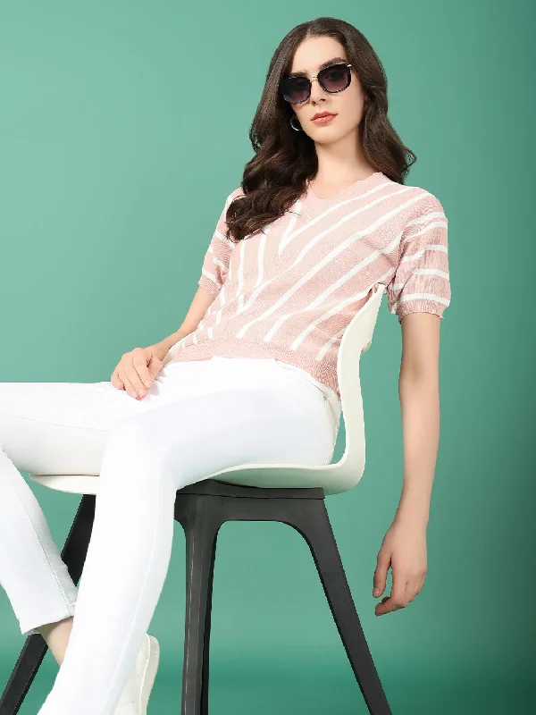 Women Peach Striped Top Compression